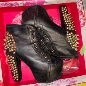 Jeffrey Campbell Black and Gold Studded Lace Up Boots